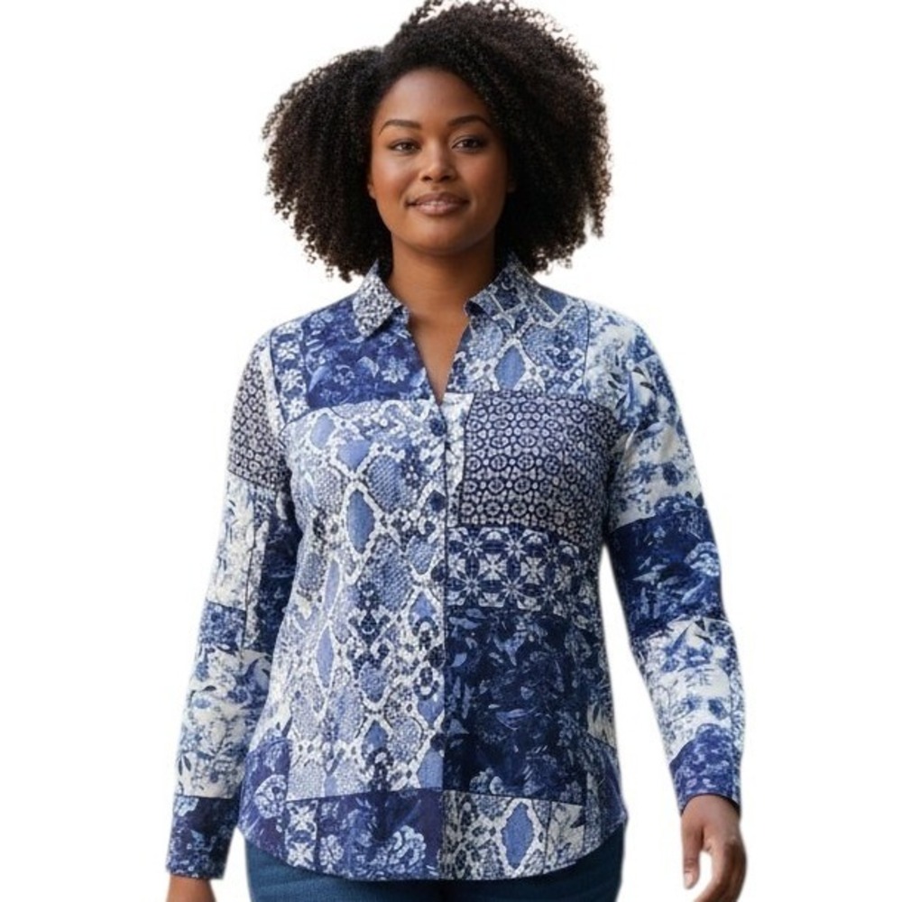 Foxcroft Plus Women's size 2X‎ Easy Care Paityn Patchwork Button Down Casual Top